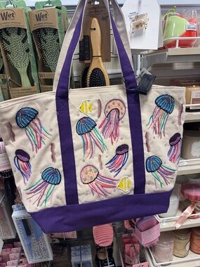 Beaded Jellyfish Canvas Tote Bag - Purple Accent